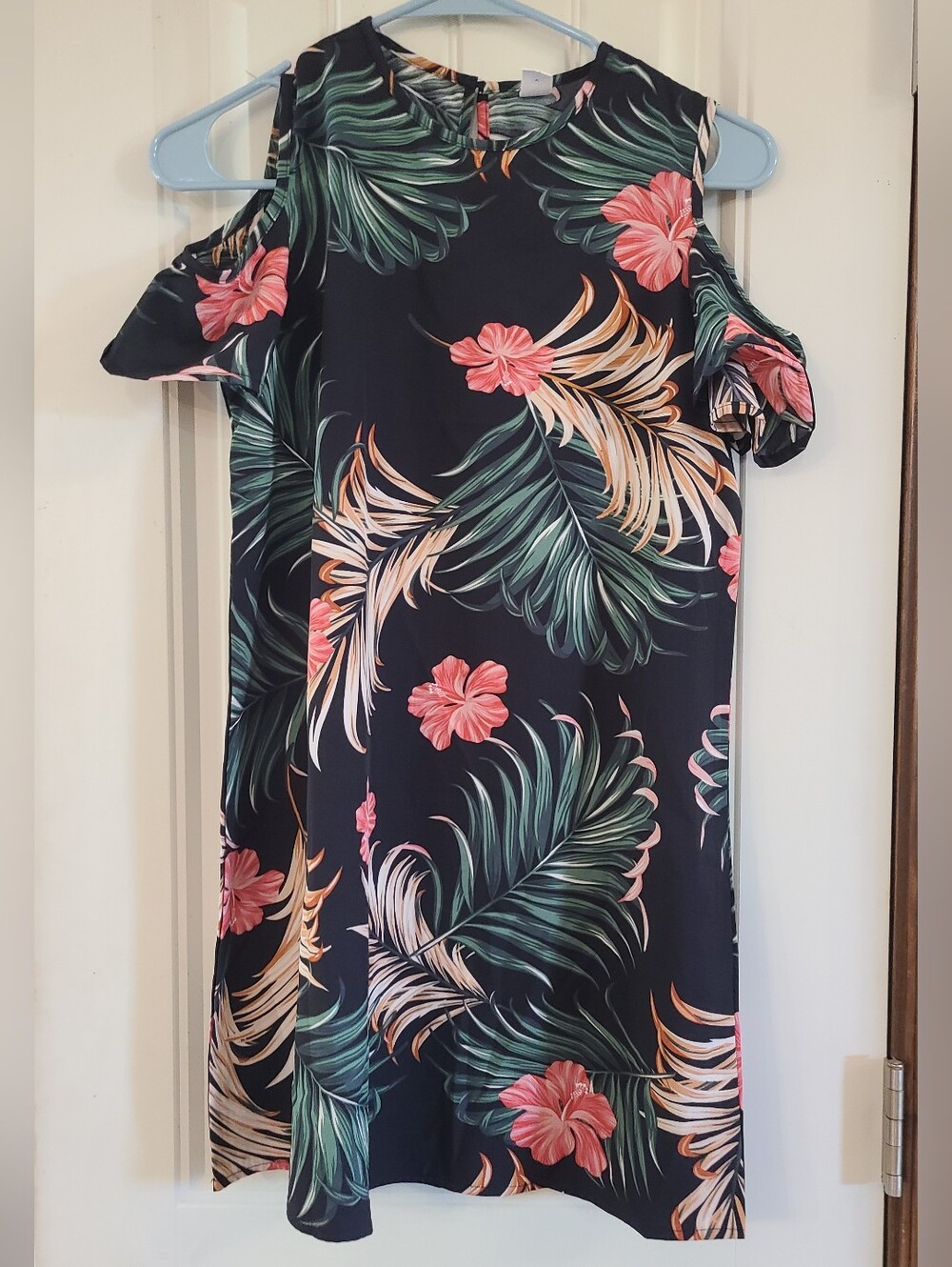SHEIN Black Cold-Shoulder Tropical Floral Dress with Pink Hibiscus 12y